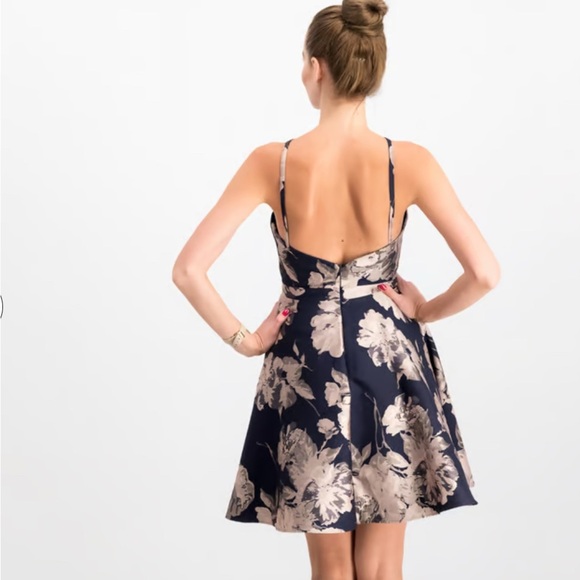 Xscape Navy and Gold Floral Mini Dress - Picture 3 of 12